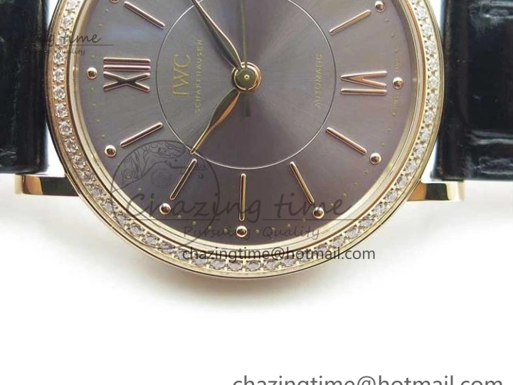 MIROTIME 0522 Durable Portofino 37mm RG V7F 1:1 Best Edition Gray Dial Diamonds Bezel on Black Leather Strap A 7089